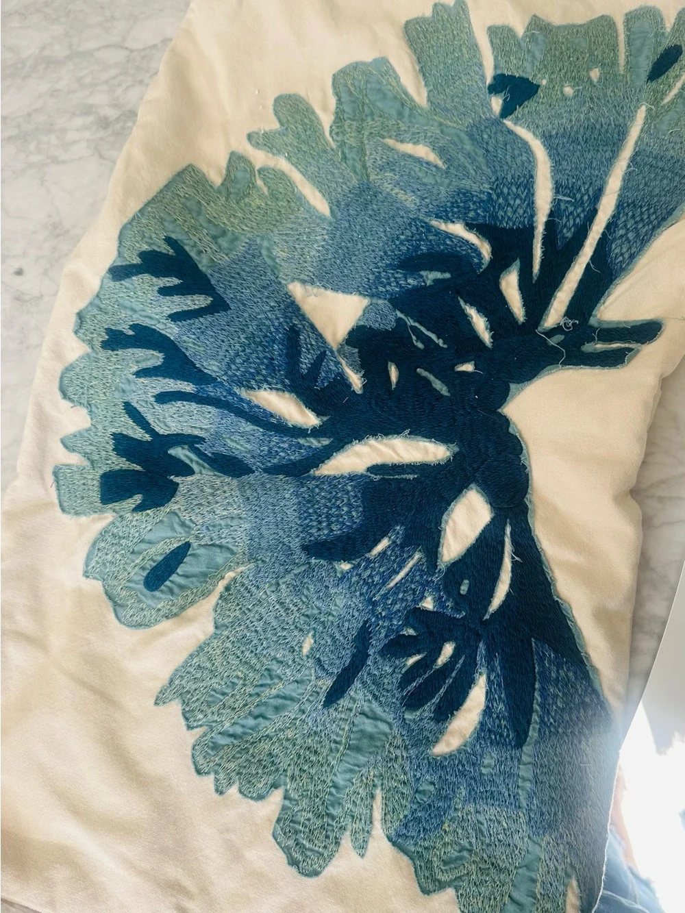 Pottery Barn Blue and Cream Coral Embroidered Throw Pillow Cover